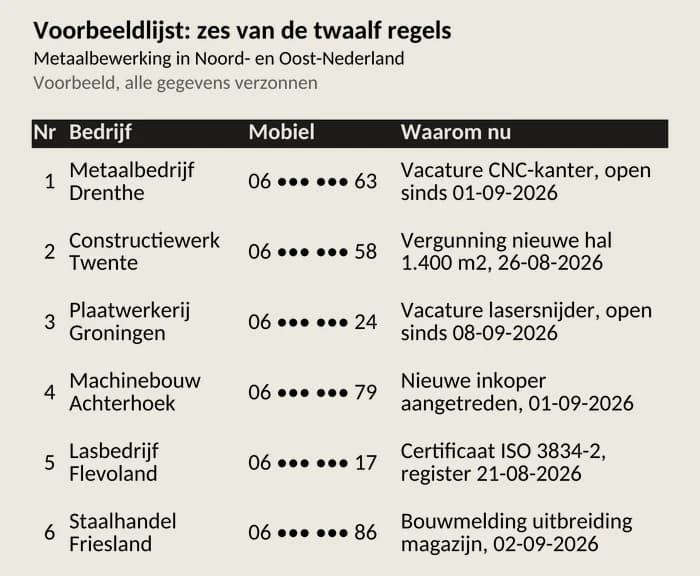 Schermafdruk van zes regels uit een geleverde voorbeeldlijst, met bedrijf, mobiel nummer en de reden om nu te bellen