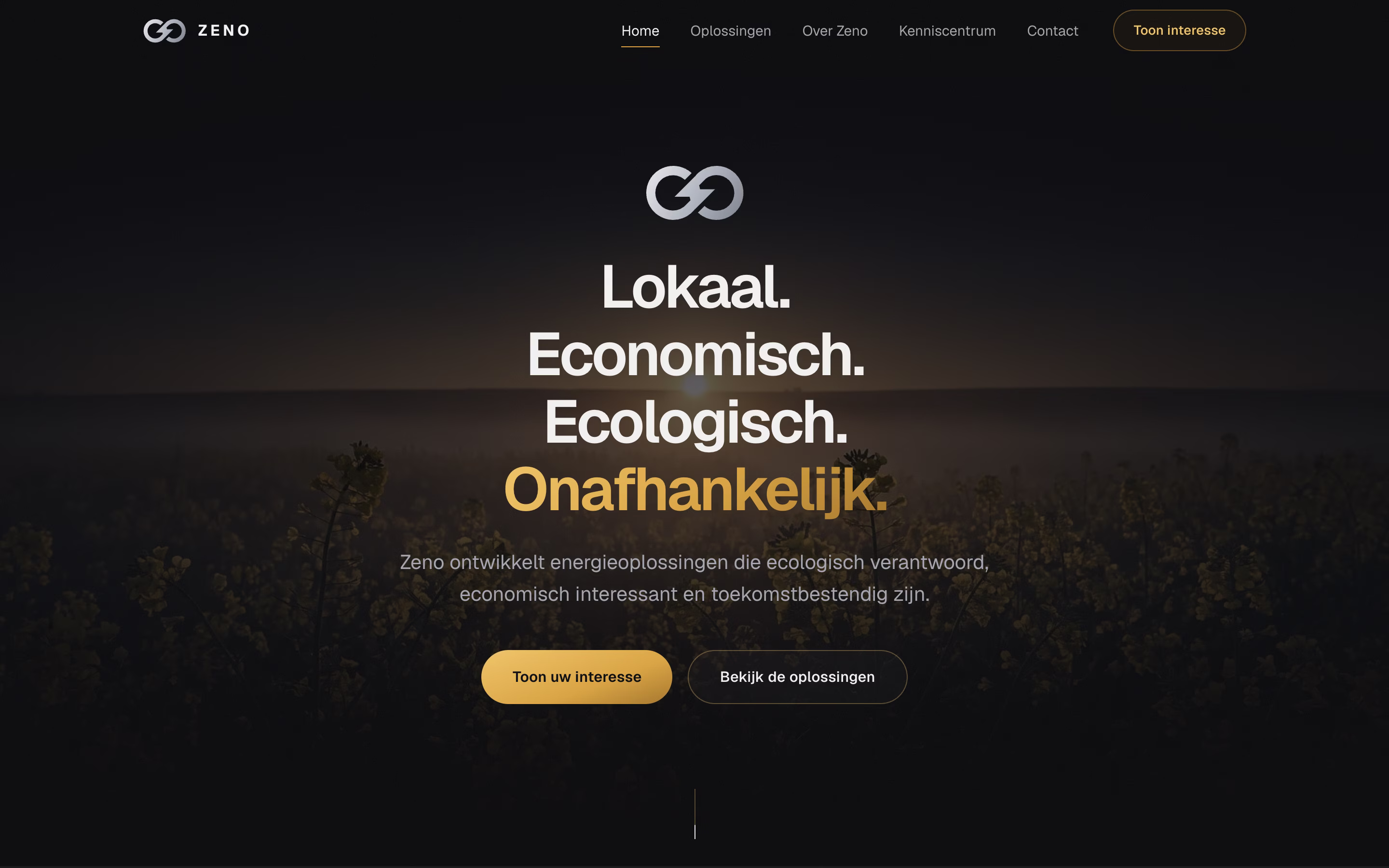 Startscherm van de website van Zeno, met de kop Lokaal. Economisch. Ecologisch. Onafhankelijk.